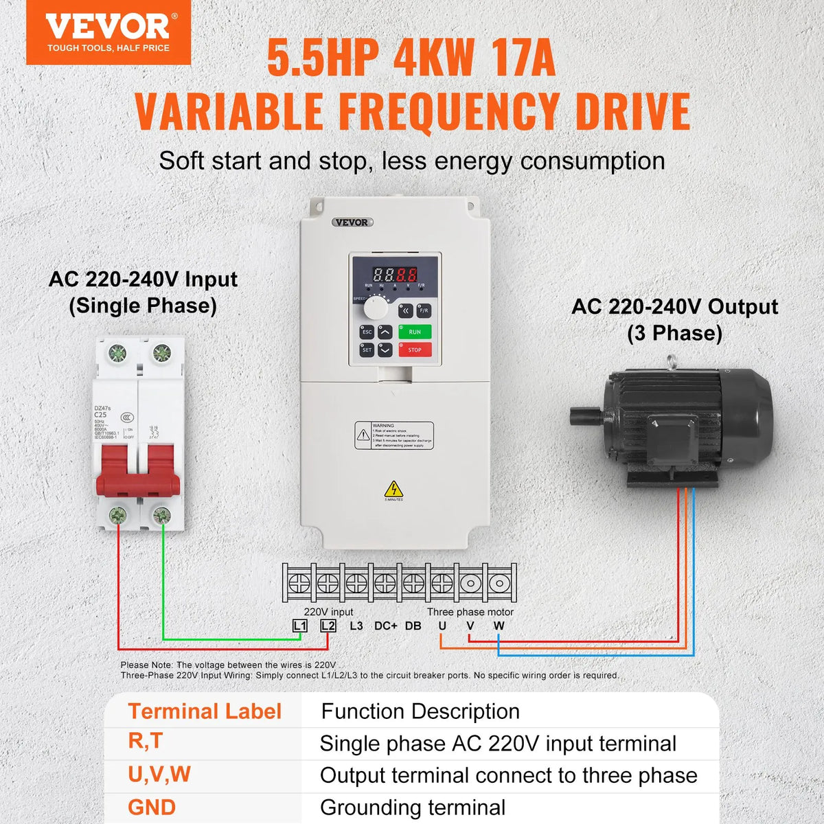 VEVOR frekvences pārveidotājs 4 kW ar 220 V (1 vai 3 fāzes) ieeju uz 3 fāžu 220 V izeju, CNC invertors motora ātruma kontrolei - ZEMLETES.LV