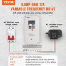 VEVOR frekvences pārveidotājs 4 kW ar 220 V (1 vai 3 fāzes) ieeju uz 3 fāžu 220 V izeju, CNC invertors motora ātruma kontrolei - ZEMLETES.LV