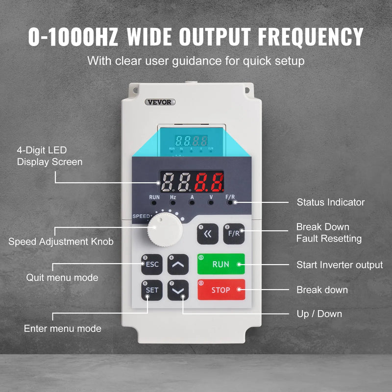VEVOR frekvences pārveidotājs 4 kW ar 220 V (1 vai 3 fāzes) ieeju uz 3 fāžu 220 V izeju, CNC invertors motora ātruma kontrolei - ZEMLETES.LV