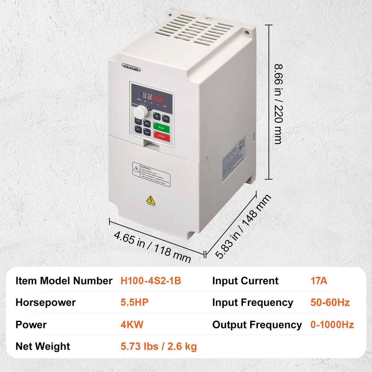 VEVOR frekvences pārveidotājs 4 kW ar 220 V (1 vai 3 fāzes) ieeju uz 3 fāžu 220 V izeju, CNC invertors motora ātruma kontrolei - ZEMLETES.LV