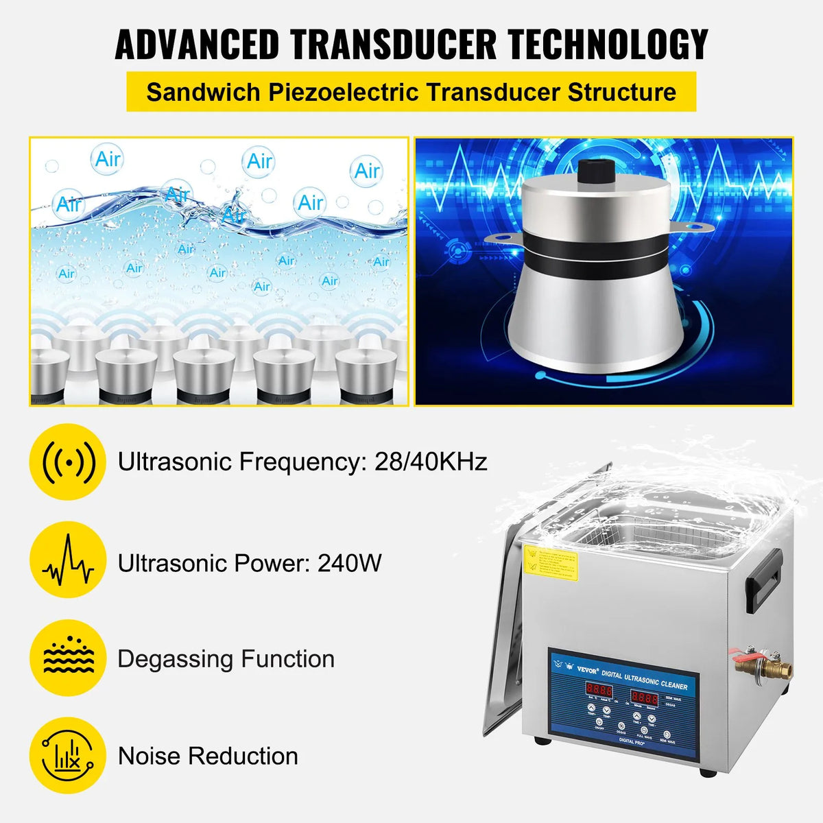 VEVOR 10 l Dual Frequency Ultrasonic Cleaner with Heater, Jewellery and Parts Cleaning Machine for Items, Glasses, Rings, Dentures, Records and Circuit Boards, 28/40 kHz