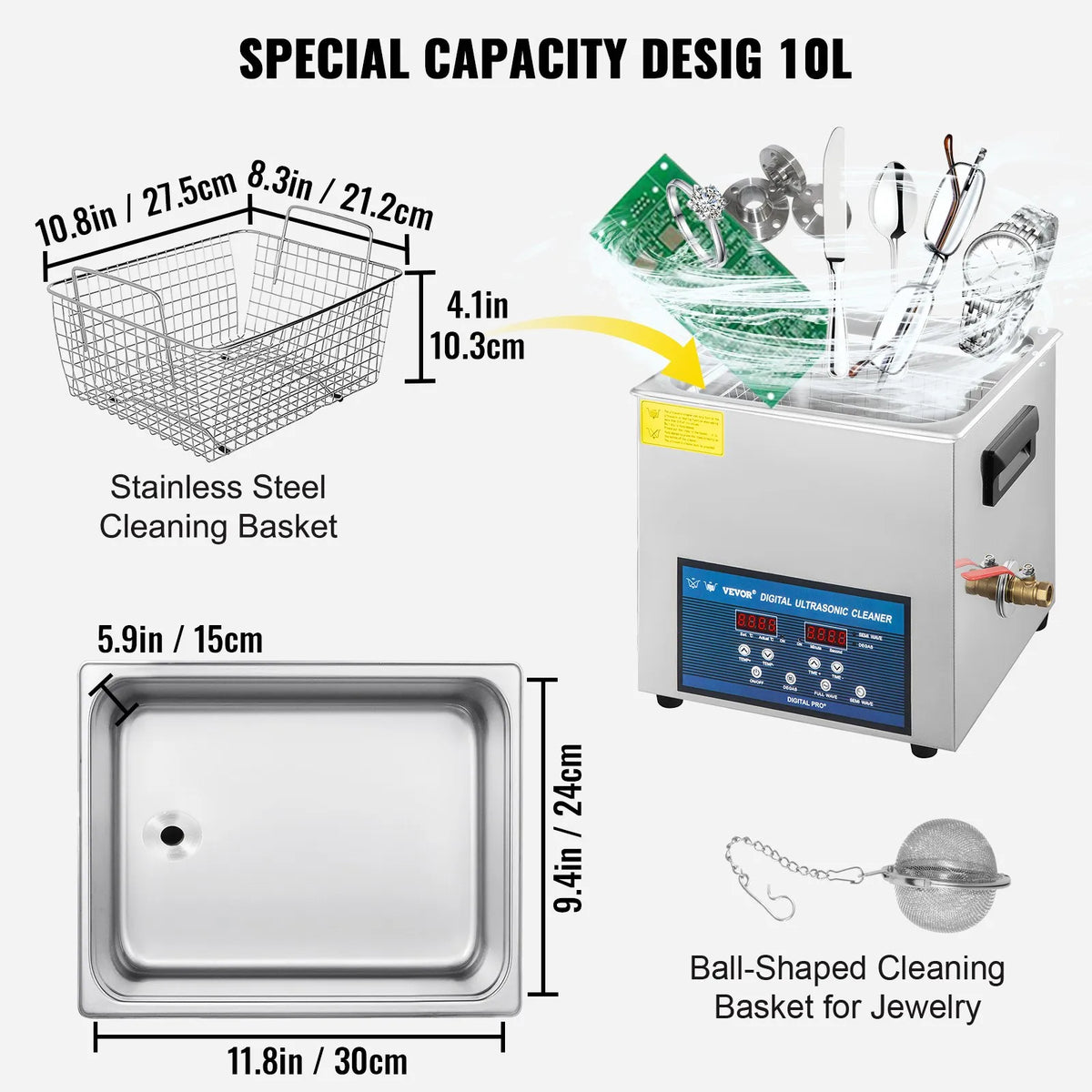 VEVOR 10 l Dual Frequency Ultrasonic Cleaner with Heater, Jewellery and Parts Cleaning Machine for Items, Glasses, Rings, Dentures, Records and Circuit Boards, 28/40 kHz