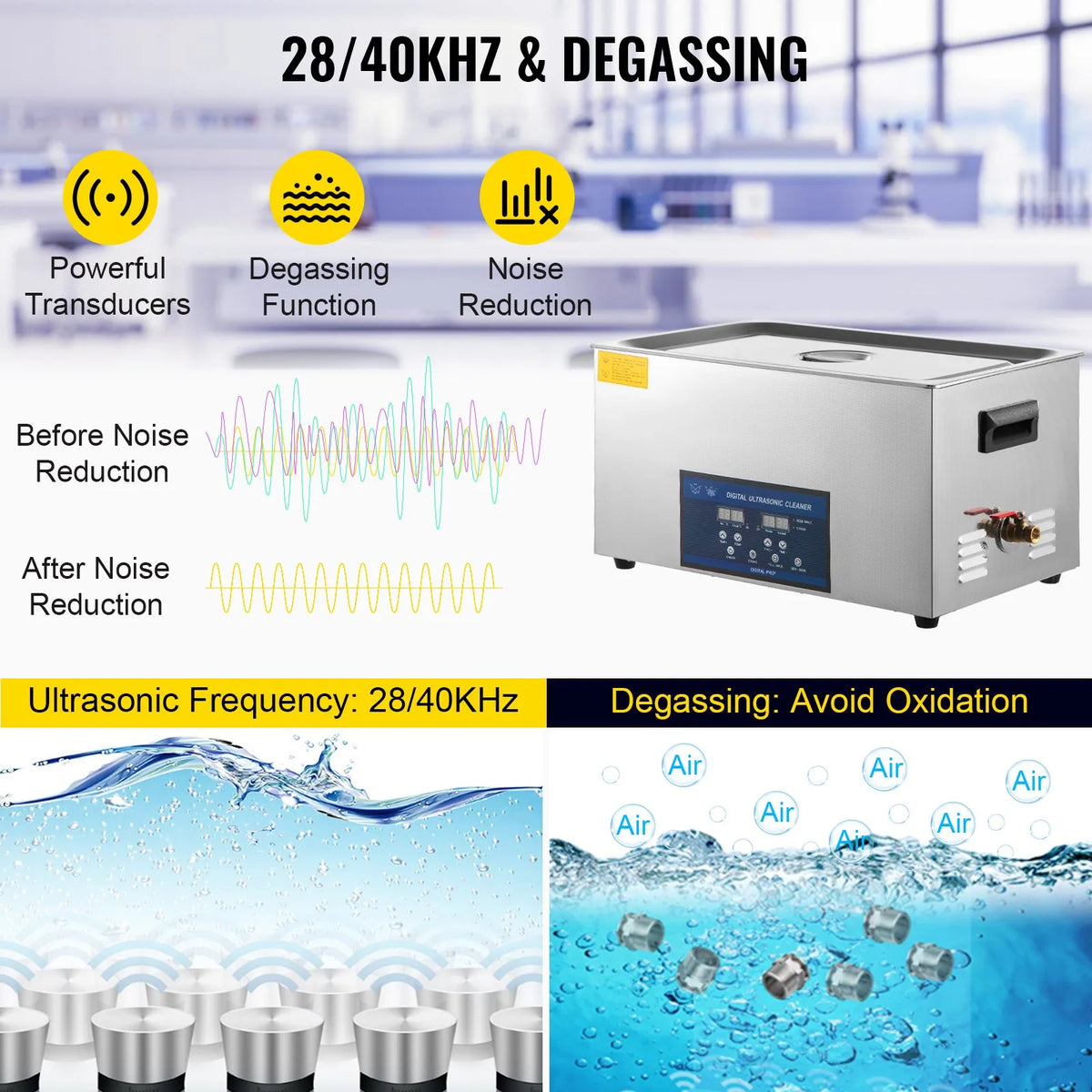 VEVOR 30 l Dual Frequency Ultrasonic Cleaner with Heater, Jewellery and Parts Cleaning Machine, Suitable for Items, Glasses, Rings, Dentures, Records and Circuit Boards, 28/40 kHz