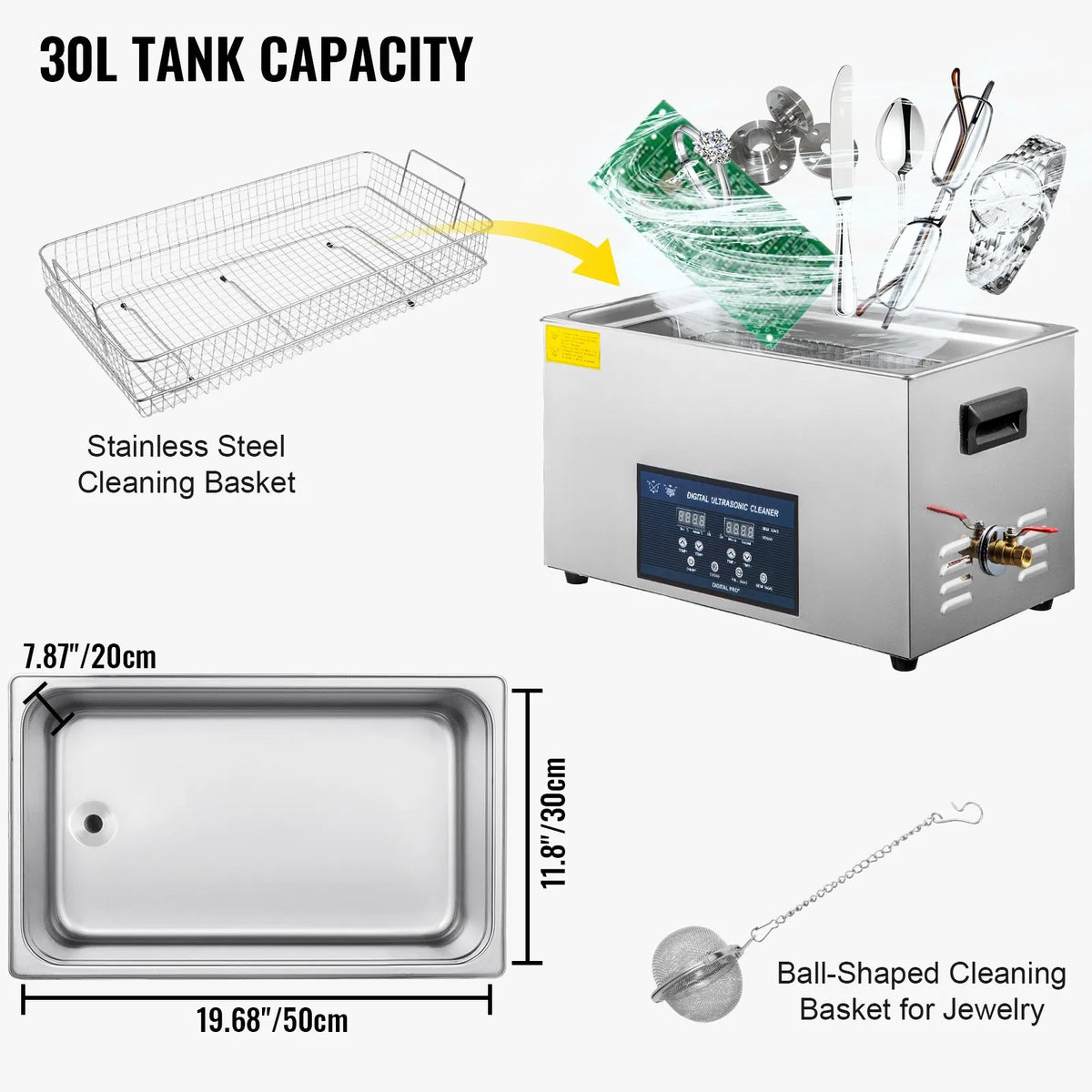 VEVOR 30 l Dual Frequency Ultrasonic Cleaner with Heater, Jewellery and Parts Cleaning Machine, Suitable for Items, Glasses, Rings, Dentures, Records and Circuit Boards, 28/40 kHz