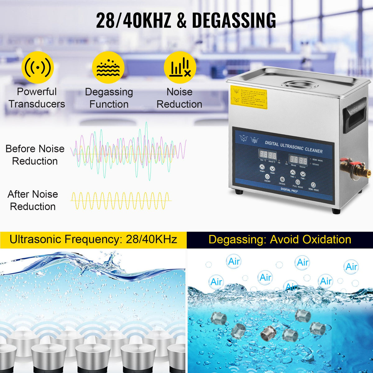 VEVOR 6 L Ultrasonic Cleaner with Dual-Frequency Ultrasonic Cleaning Function and Heater, Jewellery Cleaner for Parts, Jewellery, Glasses, Rings, Dentures, Watches and Circuit Boards, 28/40 kHz