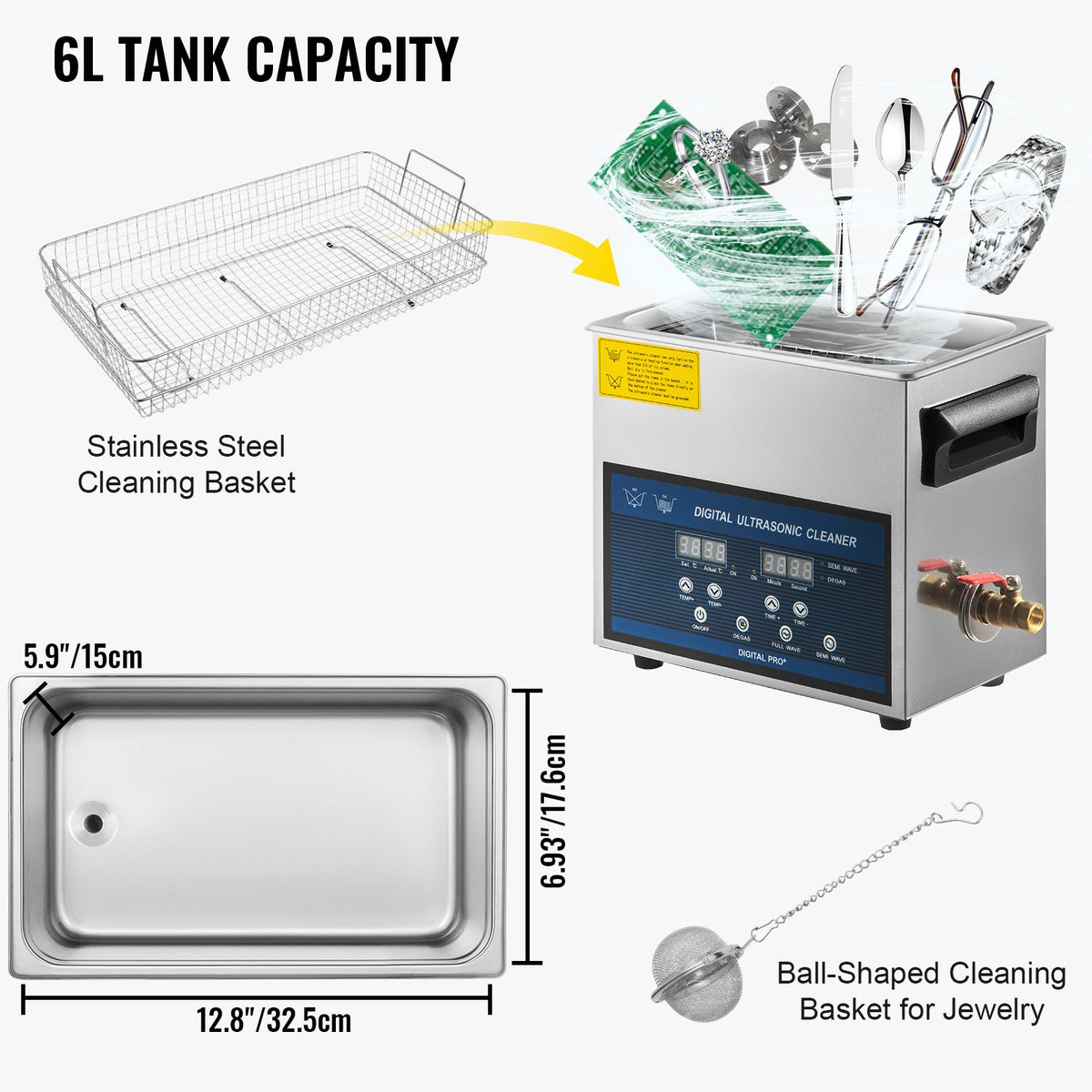 VEVOR 6 L Ultrasonic Cleaner with Dual-Frequency Ultrasonic Cleaning Function and Heater, Jewellery Cleaner for Parts, Jewellery, Glasses, Rings, Dentures, Watches and Circuit Boards, 28/40 kHz