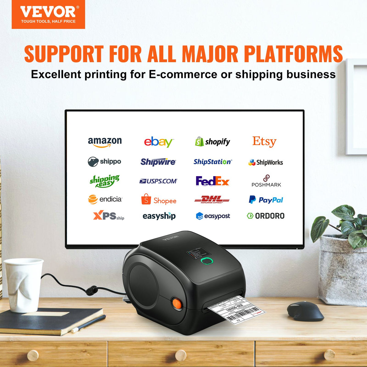 VEVOR termodrukas etiķešu printeris 4×6, 300 DPI, USB un Bluetooth, Amazon, eBay, Etsy, UPS