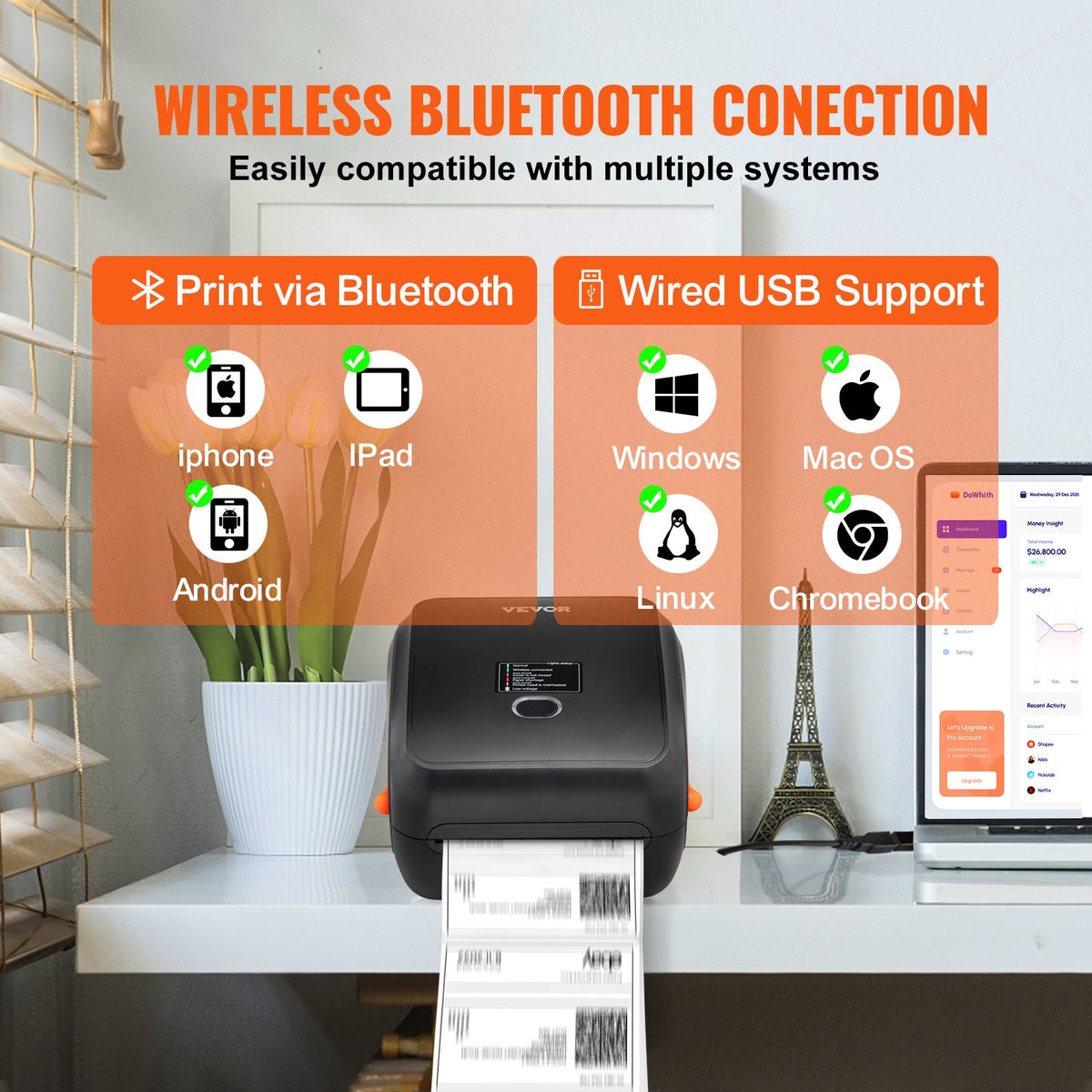 VEVOR termodrukas etiķešu printeris 4×6, 300 DPI, USB un Bluetooth, Amazon, eBay, Etsy, UPS