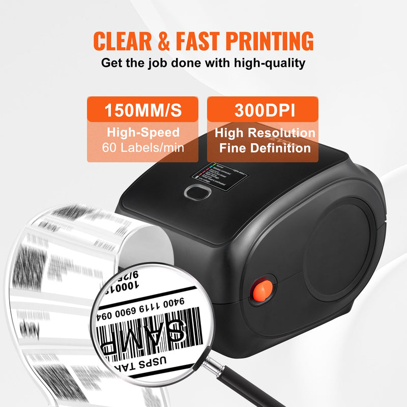 VEVOR termodrukas etiķešu printeris 4×6, 300 DPI, USB/Bluetooth, saderīgs ar Amazon, eBay, Etsy, UPS