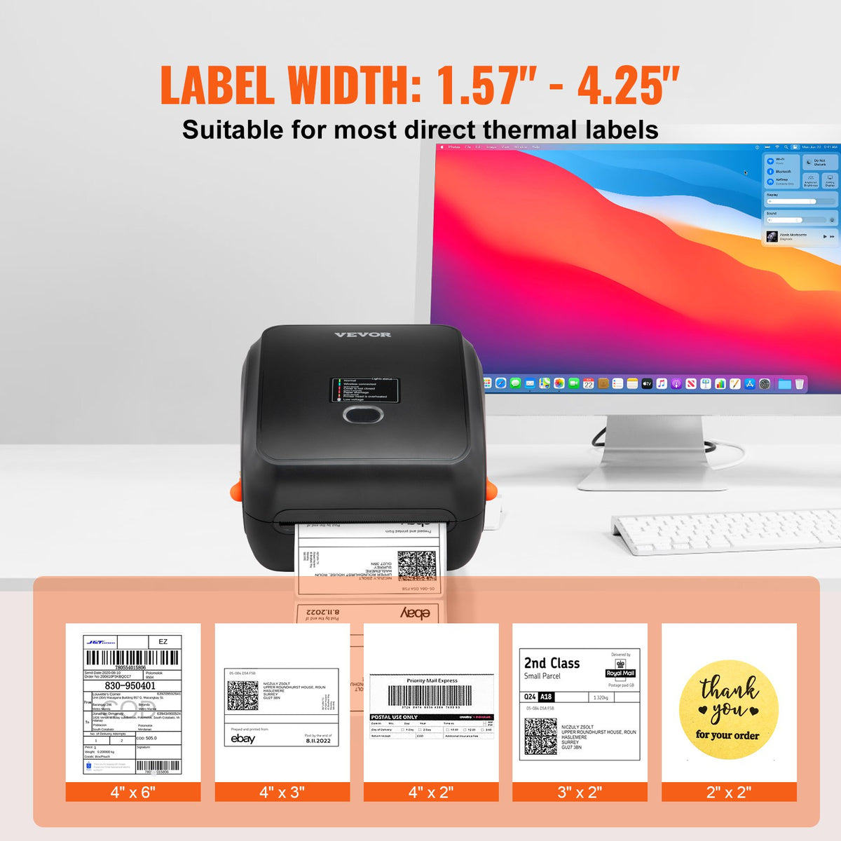 VEVOR termodrukas etiķešu printeris 4×6, 300 DPI, USB un Bluetooth, Amazon, eBay, Etsy, UPS