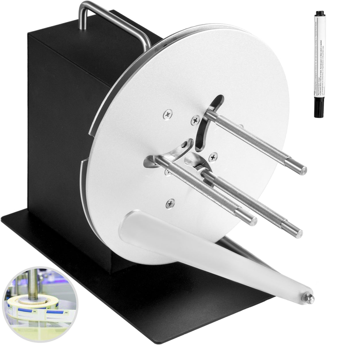 VEVOR etiķešu pārtīšanas ierīce 120 mm, abpusēja, sinhronizējas ar printeriem, līdz Ø 220 mm