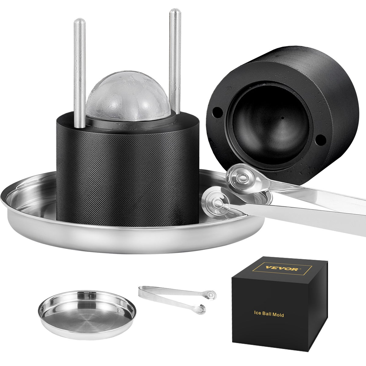 VEVOR Ice Ball Press 60 mm, Aluminium Alloy, with Tongs and Drip Tray, Black