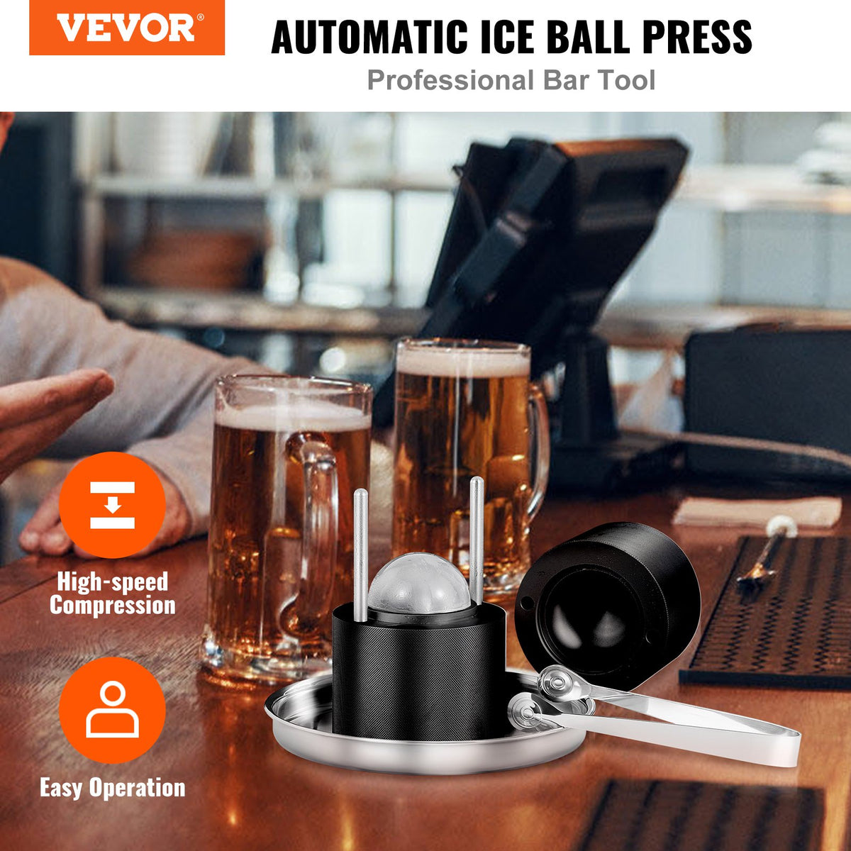 VEVOR Ice Ball Press 60 mm, Aluminium Alloy, with Tongs and Drip Tray, Black