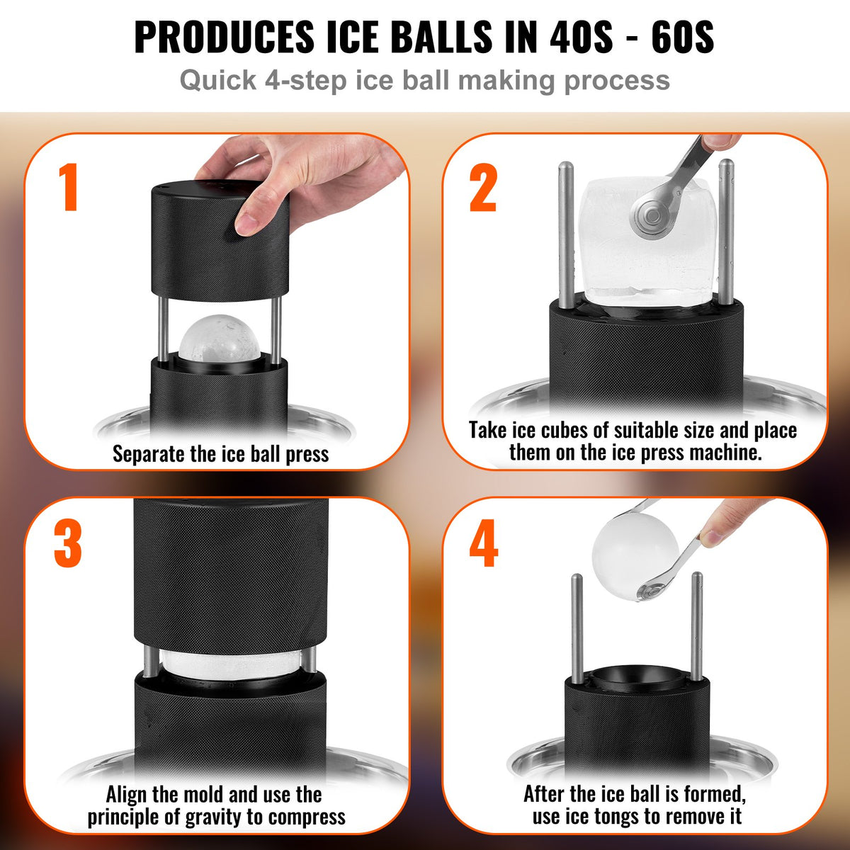 VEVOR Ice Ball Press 60 mm, Aluminium Alloy, with Tongs and Drip Tray, Black