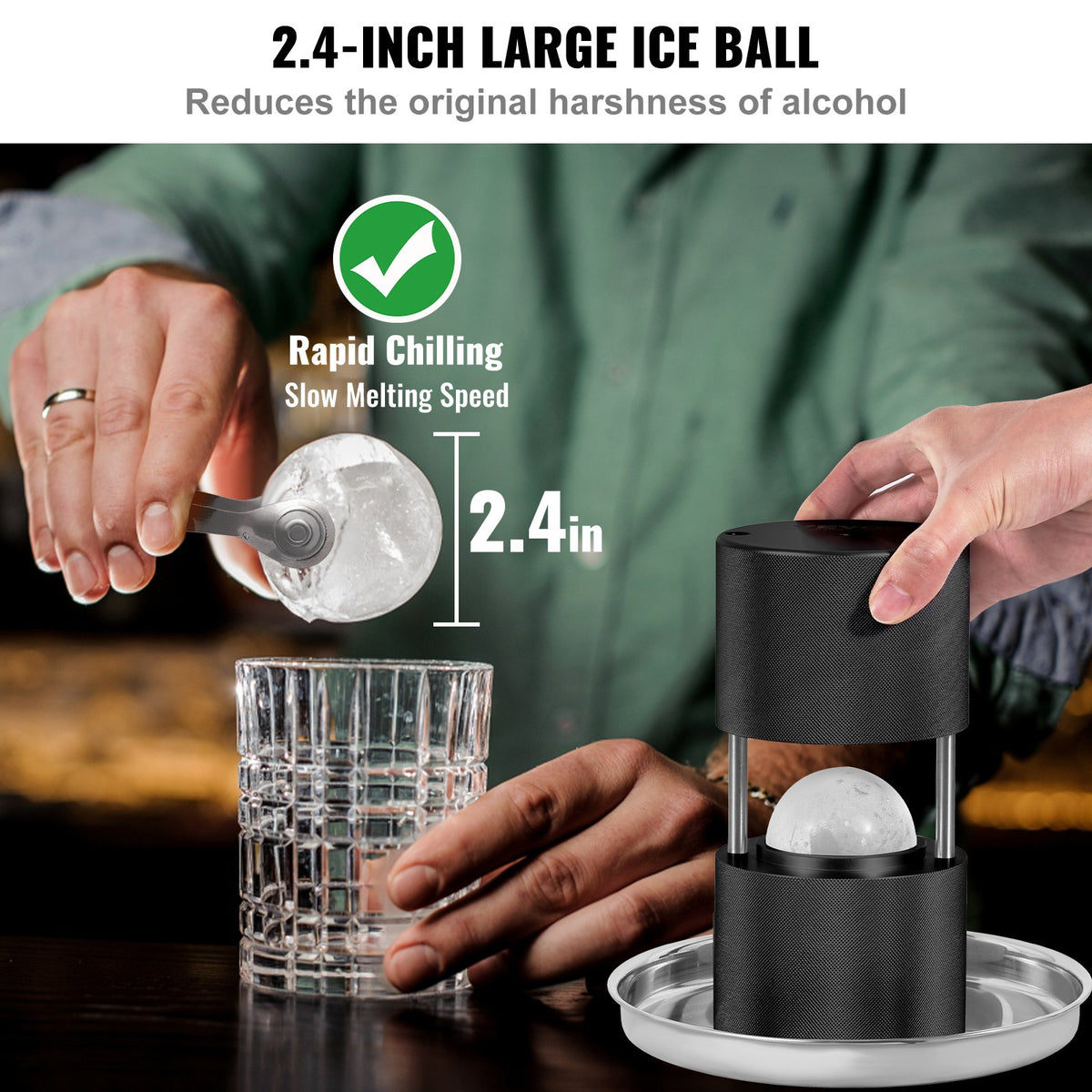 VEVOR Ice Ball Press 60 mm, Aluminium Alloy, with Tongs and Drip Tray, Black