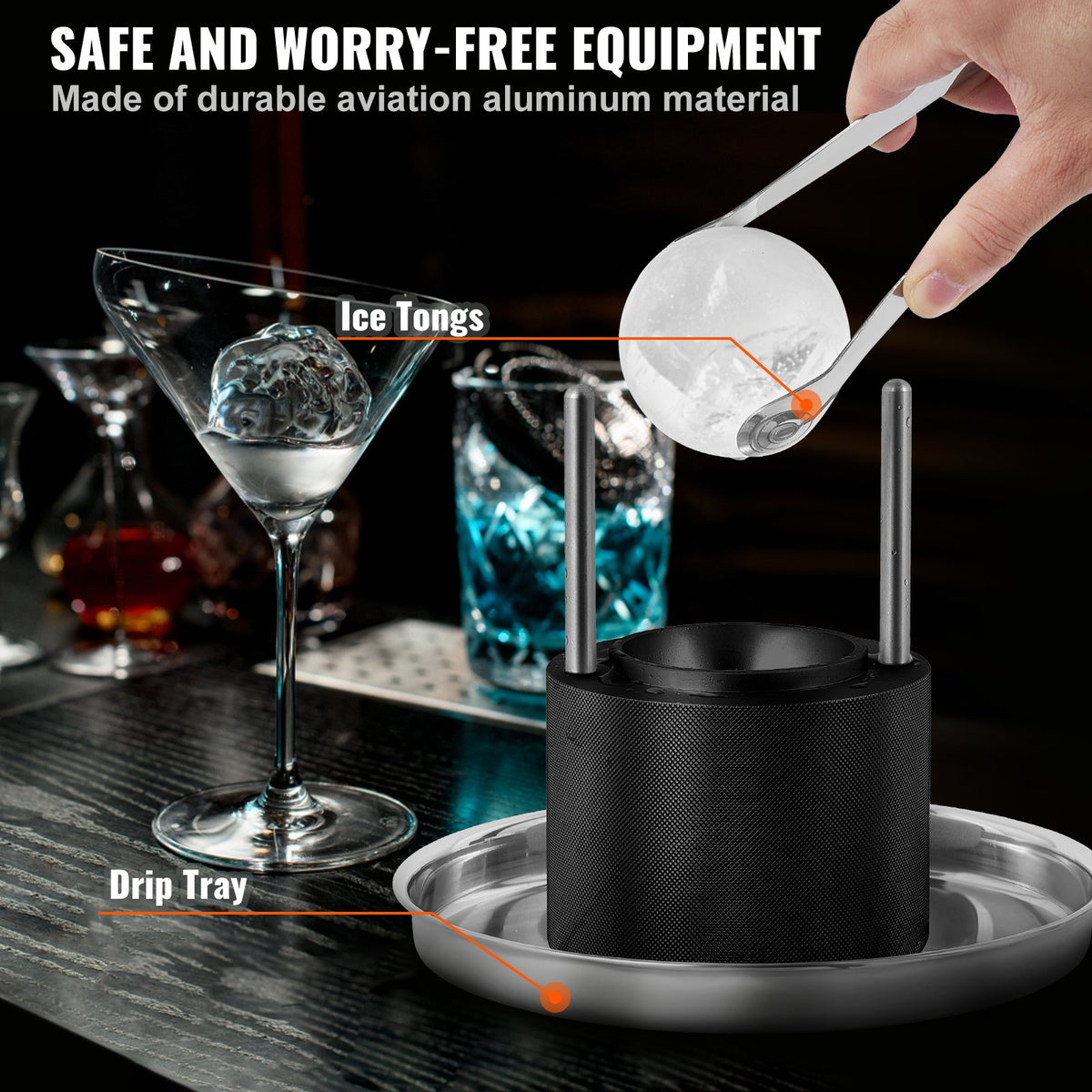 VEVOR Ice Ball Press 60 mm, Aluminium Alloy, with Tongs and Drip Tray, Black