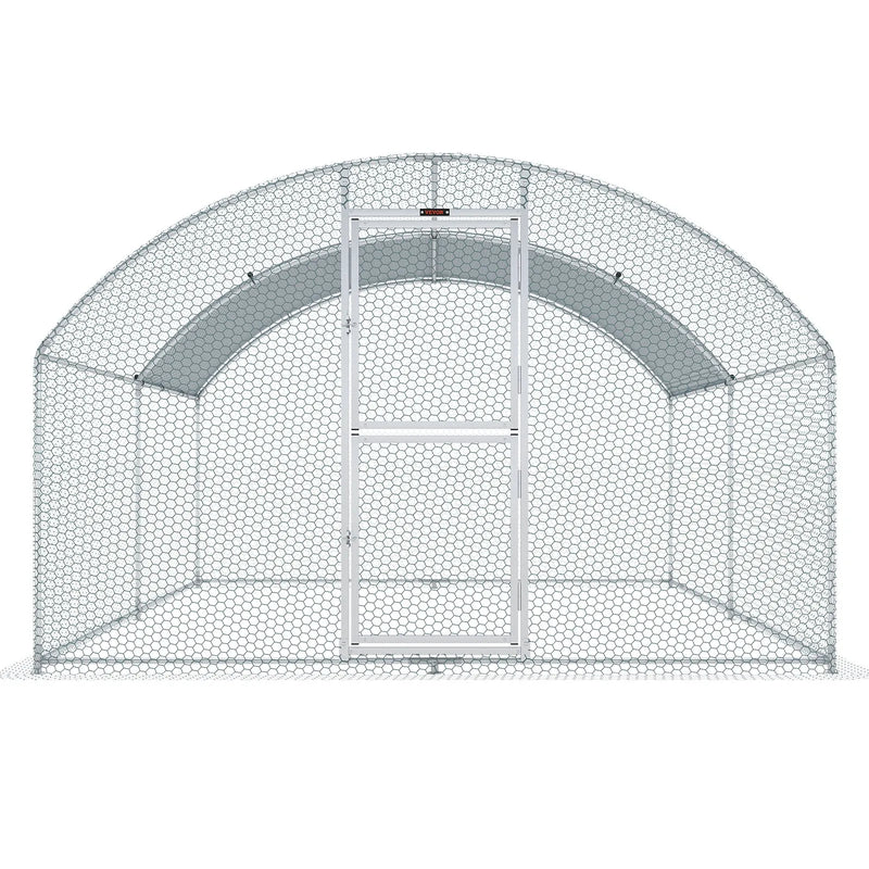 VEVOR liela metāla vistas kūts ar skrejceļu, 13,1 × 9,8 × 6,6 ft pastaigu tipa āra kūtis ar ūdensnecaurlaidīgu pārsegu un kupolveida jumtu, piemērota vistām, pīlēm un trušiem, sudraba krāsa