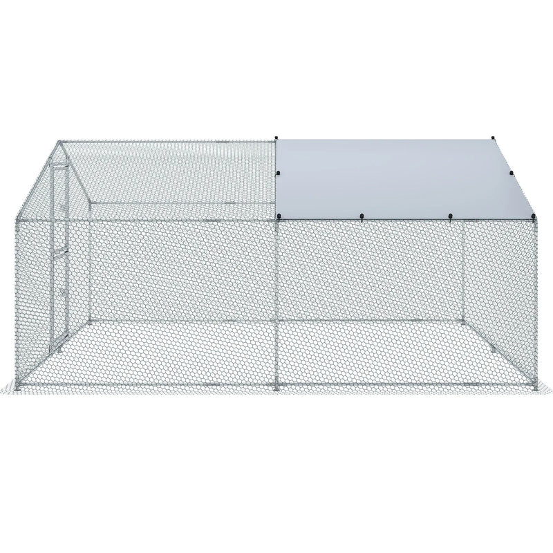 VEVOR metāla vistas kūtis, 4,0 × 3,0 × 2,0 m lielais āra iežogojums ar divslīpju jumtu, ūdensnecaurlaidīgu pārsegu un aizsargtīklu, piemērots vistām, pīlēm un trušiem