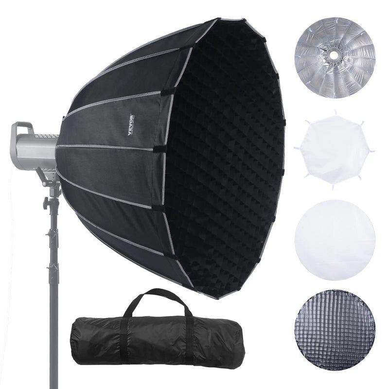 VEVOR paraboliskā softbox 850 mm ar ātro atvēršanu un salocīšanu, viegla un pārnēsājama, universāls Bowens stiprinājums, 4 apgaismojuma efekti, profesionālai fotografēšanai un ikdienas filmēšanai