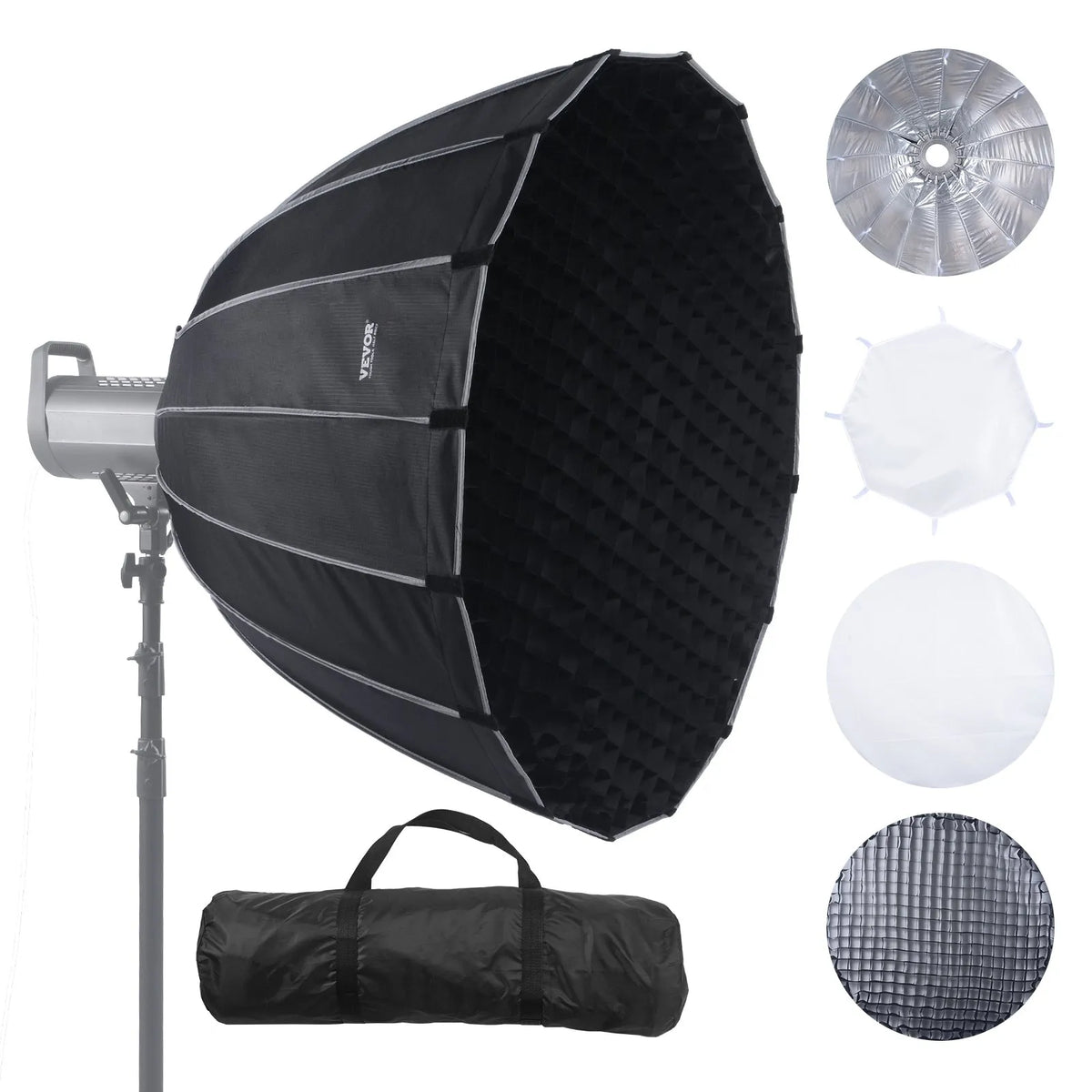 VEVOR paraboliskā softbox 850 mm ar ātro atvēršanu un salocīšanu, viegla un pārnēsājama, universāls Bowens stiprinājums, 4 apgaismojuma efekti, profesionālai fotografēšanai un ikdienas filmēšanai - ZEMLETES.LV