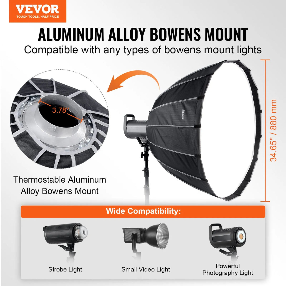 VEVOR paraboliskā softbox 850 mm ar ātro atvēršanu un salocīšanu, viegla un pārnēsājama, universāls Bowens stiprinājums, 4 apgaismojuma efekti, profesionālai fotografēšanai un ikdienas filmēšanai - ZEMLETES.LV