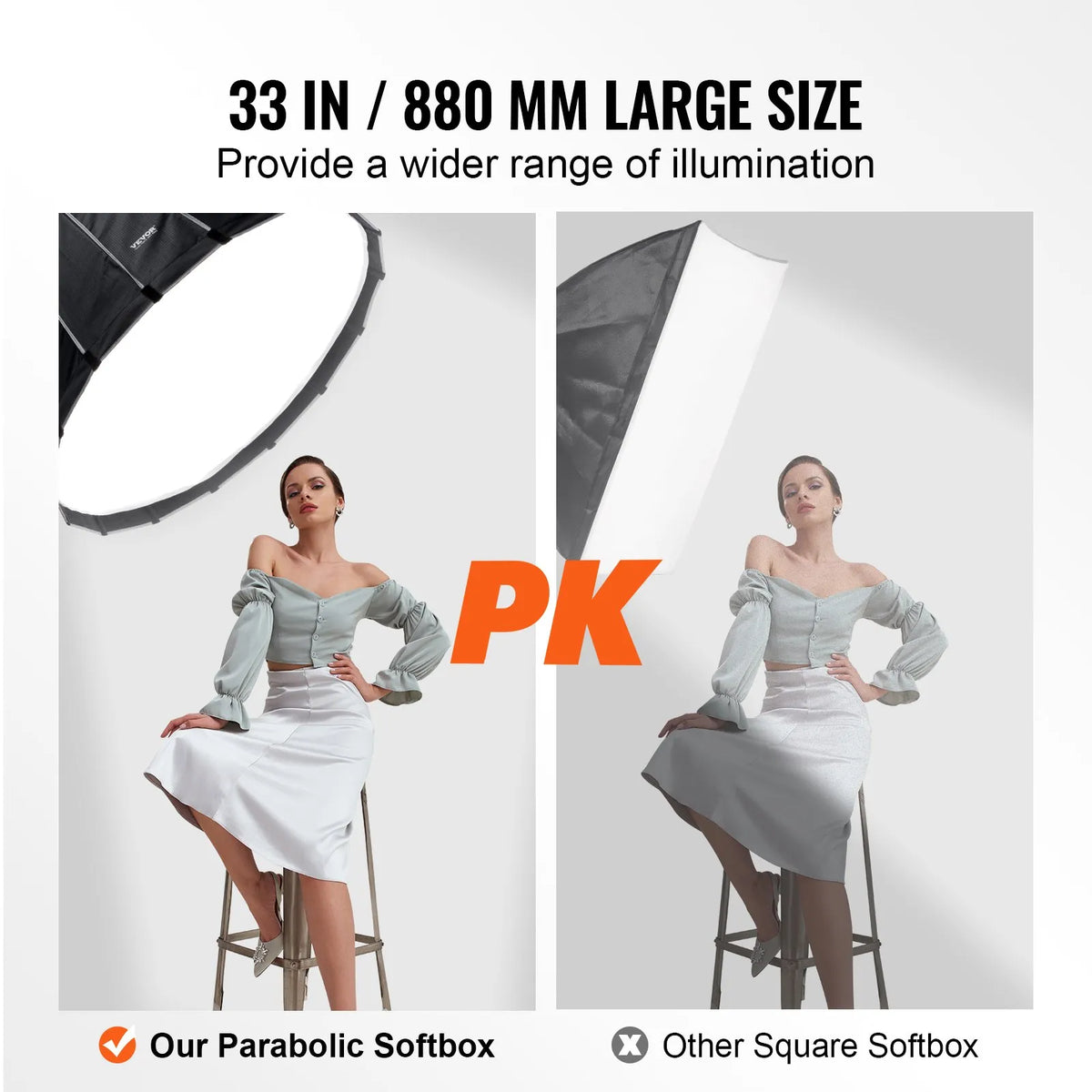 VEVOR paraboliskā softbox 850 mm ar ātro atvēršanu un salocīšanu, viegla un pārnēsājama, universāls Bowens stiprinājums, 4 apgaismojuma efekti, profesionālai fotografēšanai un ikdienas filmēšanai - ZEMLETES.LV