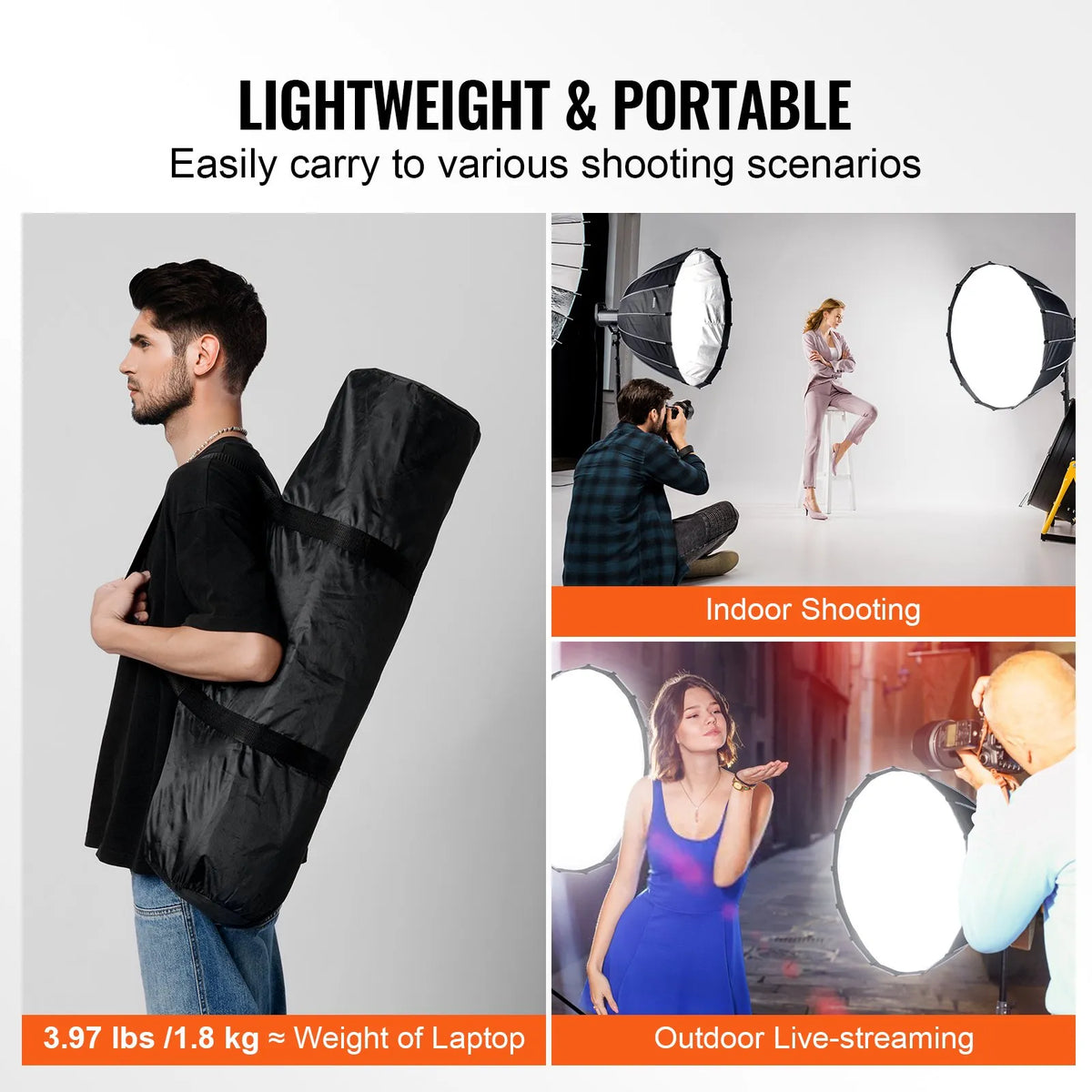 VEVOR paraboliskā softbox 850 mm ar ātro atvēršanu un salocīšanu, viegla un pārnēsājama, universāls Bowens stiprinājums, 4 apgaismojuma efekti, profesionālai fotografēšanai un ikdienas filmēšanai - ZEMLETES.LV