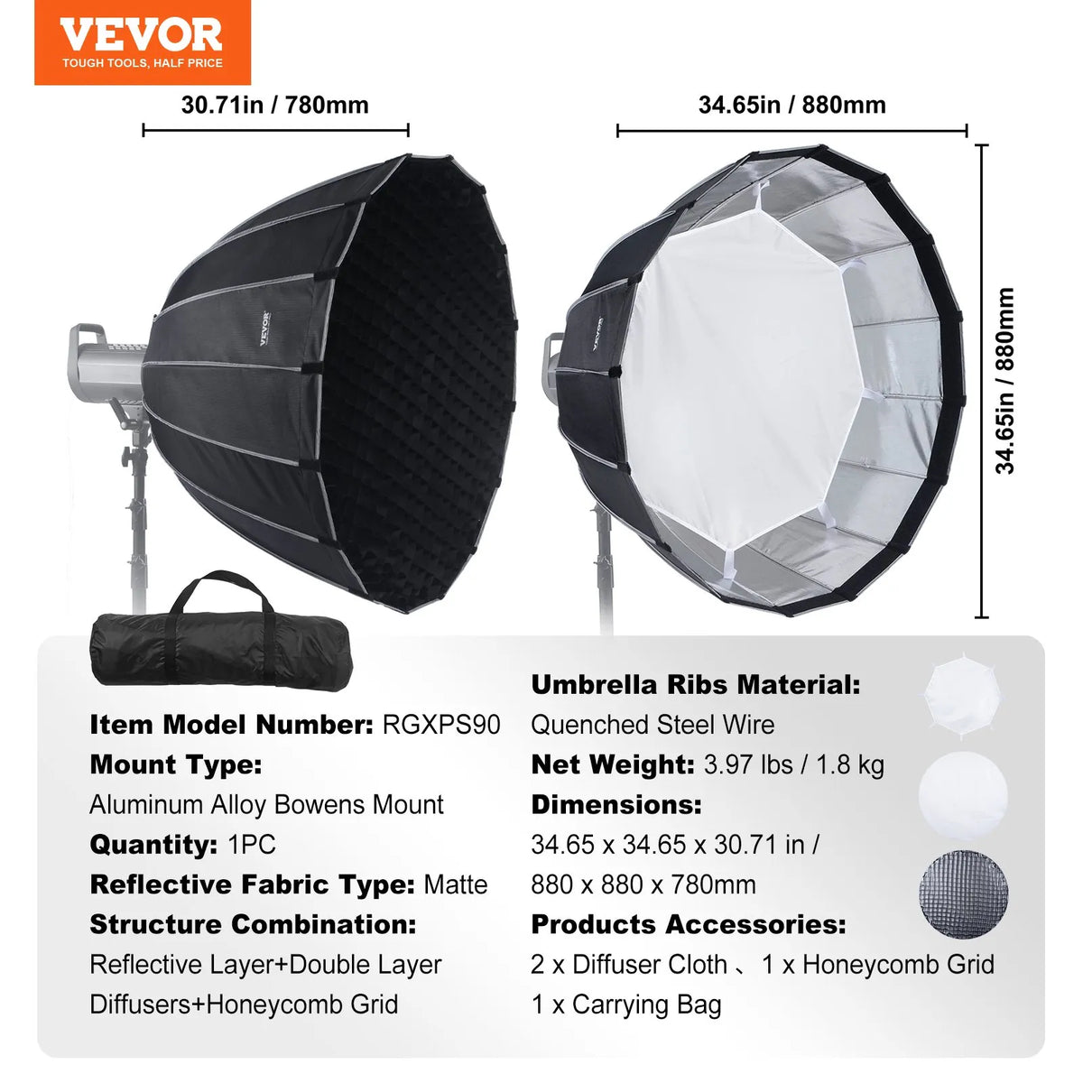 VEVOR paraboliskā softbox 850 mm ar ātro atvēršanu un salocīšanu, viegla un pārnēsājama, universāls Bowens stiprinājums, 4 apgaismojuma efekti, profesionālai fotografēšanai un ikdienas filmēšanai - ZEMLETES.LV