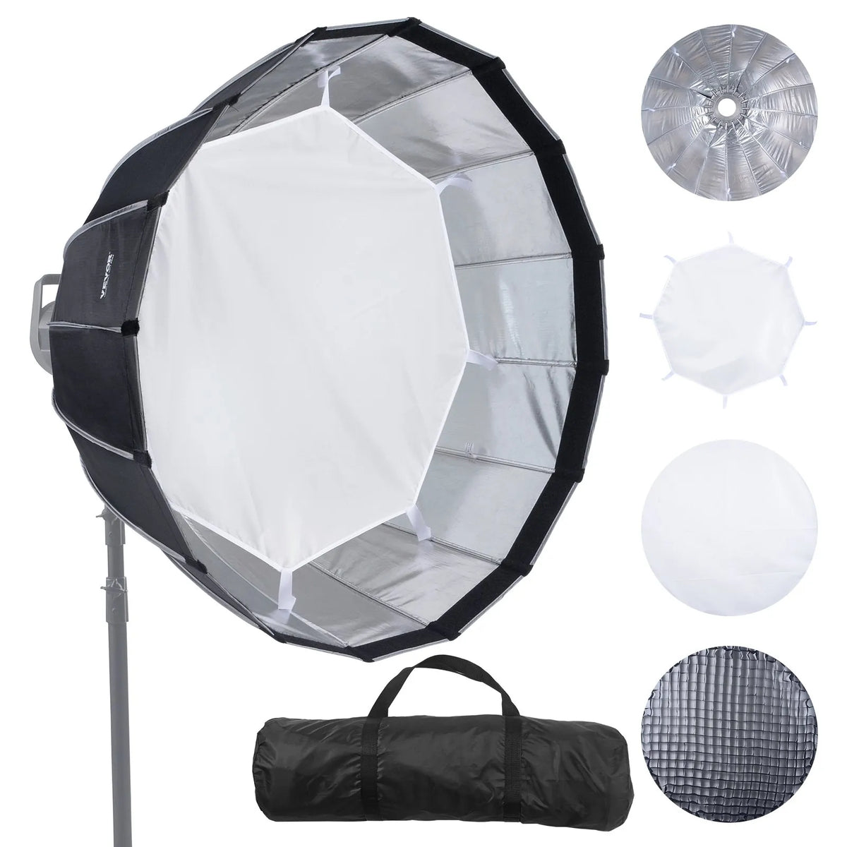 VEVOR paraboliskā softbox 850 mm ar ātro atvēršanu un salocīšanu, viegla un pārnēsājama, universāls Bowens stiprinājums, 4 apgaismojuma efekti, profesionālai fotografēšanai un ikdienas filmēšanai - ZEMLETES.LV