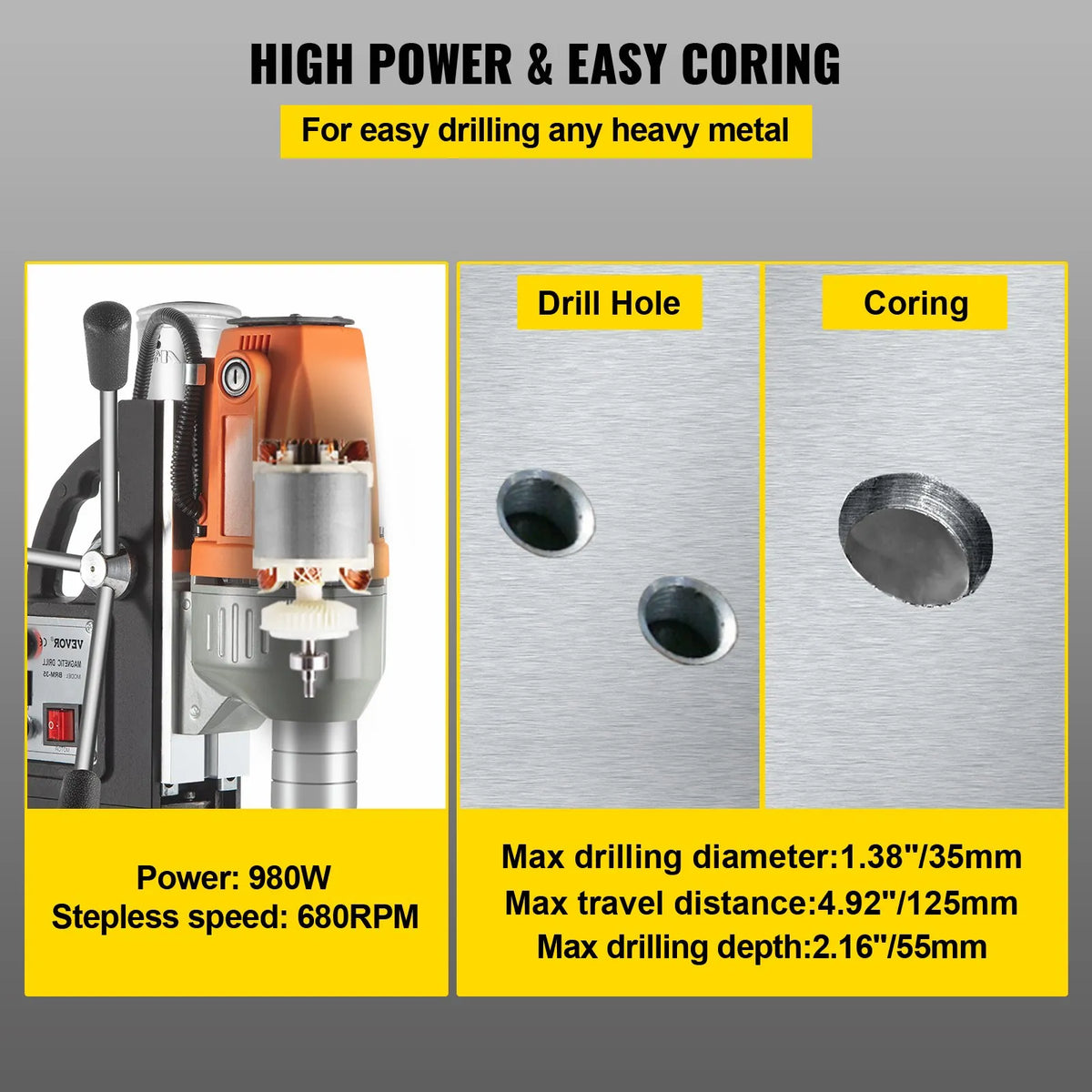 VEVOR 980 W Magnetic Drill 220–240 V, Metal Drill with 680 RPM, Multi-Function 35 mm Core Drilling and Tapping Machine
