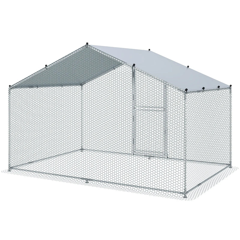 VEVOR liela metāla vistas kūts ar pastaigu zonu un ūdensizturīgu pārsegu, 2 × 3 × 2 m ieejams mājputnu voljers ar smailu jumtu, piemērots vistām, pīlēm un trušiem, sudraba krāsa