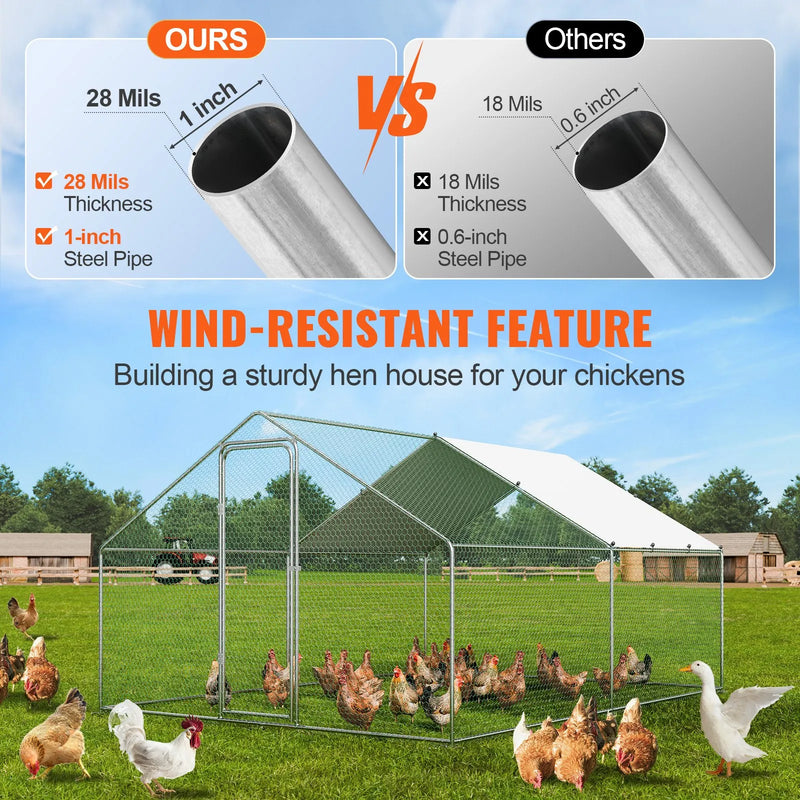 VEVOR lielais metāla vistas iežogojums, 3,00 × 4,00 × 2,00 m caurstaigājams vistas aploks ar pārsegu, smailes jumtu un drošības slēdzeni, piemērots āra un piemājas saimniecībām, pīlēm, trušiem un citiem mājputniem