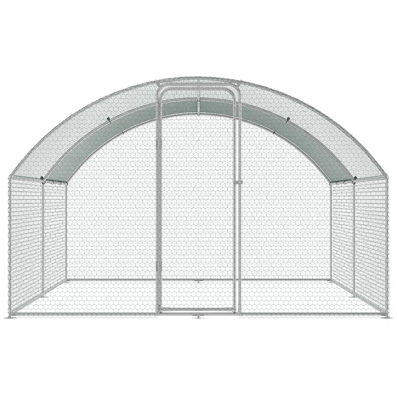 VEVOR liela metāla vistas kūts ar ieejamu pastaigu zonu un ūdensizturīgu pārsegu, 3 × 3,93 × 2 m voljers ar dooma tipa jumtu, drošības slēdža durvīm — ideāli piemērota saimniecībai, pagalmam, pīlēm, trušiem un citām mājdzīvnieku turēšanai