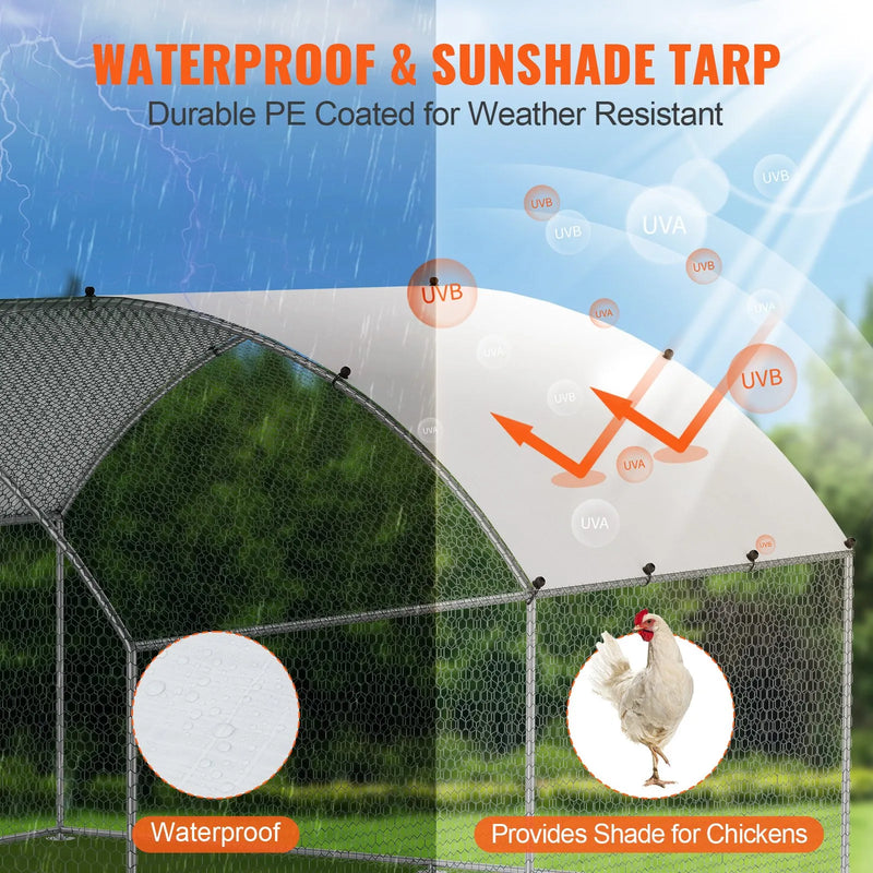 VEVOR liela metāla vistas kūts ar ieejamu pastaigu zonu un ūdensizturīgu pārsegu, 3 × 3,93 × 2 m voljers ar dooma tipa jumtu, drošības slēdža durvīm — ideāli piemērota saimniecībai, pagalmam, pīlēm, trušiem un citām mājdzīvnieku turēšanai