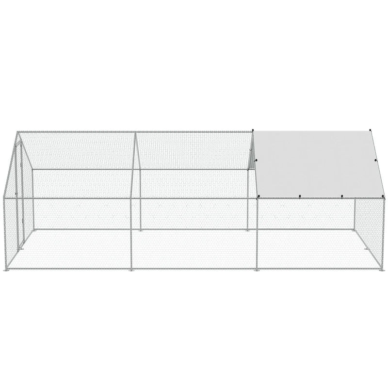 VEVOR liela metāla vistas kūts 3 × 5,9 × 2 m ar ieejamu pastaigu zonu un pārsegu, smailā jumta mājputnu iežogojums ar drošības slēdzi pagalmam un saimniecībai, piemērots vistām, pīlēm un trušiem