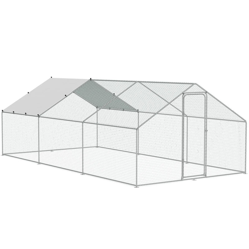 VEVOR liela metāla vistas kūts 3 × 5,9 × 2 m ar ieejamu pastaigu zonu un pārsegu, smailā jumta mājputnu iežogojums ar drošības slēdzi pagalmam un saimniecībai, piemērots vistām, pīlēm un trušiem