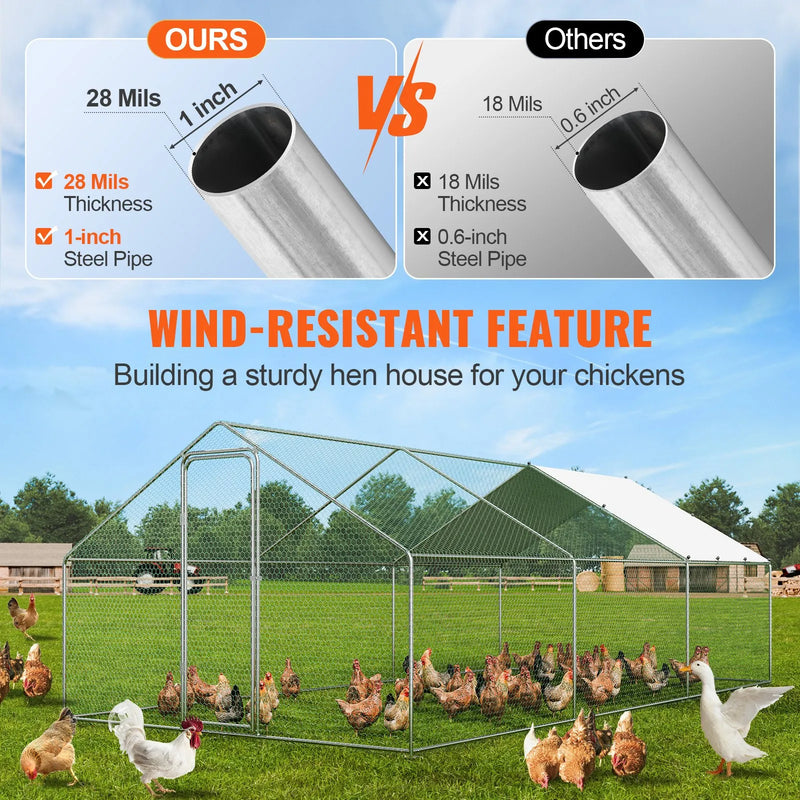 VEVOR liela metāla vistas kūts 3 × 5,9 × 2 m ar ieejamu pastaigu zonu un pārsegu, smailā jumta mājputnu iežogojums ar drošības slēdzi pagalmam un saimniecībai, piemērots vistām, pīlēm un trušiem