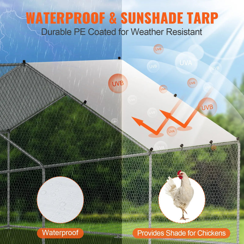 VEVOR liela metāla vistas kūts 3 × 5,9 × 2 m ar ieejamu pastaigu zonu un pārsegu, smailā jumta mājputnu iežogojums ar drošības slēdzi pagalmam un saimniecībai, piemērots vistām, pīlēm un trušiem