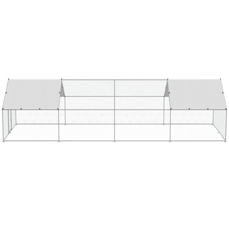 VEVOR liela metāla vistas novietne ar skrejceļu, 3 × 7,83 × 1,99 m pastaigu tipa āra kūtis ar pārsegu un jumta smaili, drošības slēdzeni, piemērota pagalmam, saimniecībai, pīlēm un trušiem