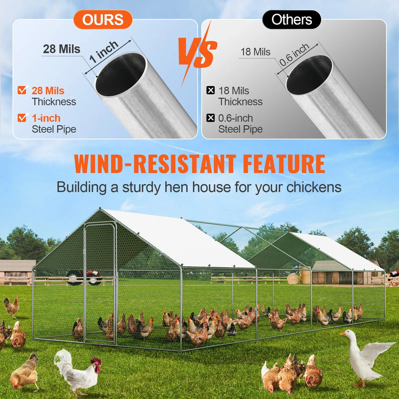 VEVOR liela metāla vistas novietne ar skrejceļu, 3 × 7,83 × 1,99 m pastaigu tipa āra kūtis ar pārsegu un jumta smaili, drošības slēdzeni, piemērota pagalmam, saimniecībai, pīlēm un trušiem