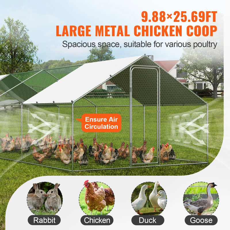 VEVOR liela metāla vistas novietne ar skrejceļu, 3 × 7,83 × 1,99 m pastaigu tipa āra kūtis ar pārsegu un jumta smaili, drošības slēdzeni, piemērota pagalmam, saimniecībai, pīlēm un trušiem