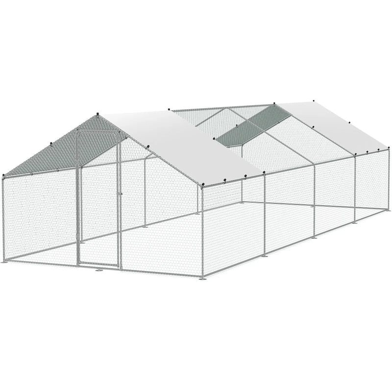 VEVOR liela metāla vistas novietne ar skrejceļu, 3 × 7,83 × 1,99 m pastaigu tipa āra kūtis ar pārsegu un jumta smaili, drošības slēdzeni, piemērota pagalmam, saimniecībai, pīlēm un trušiem