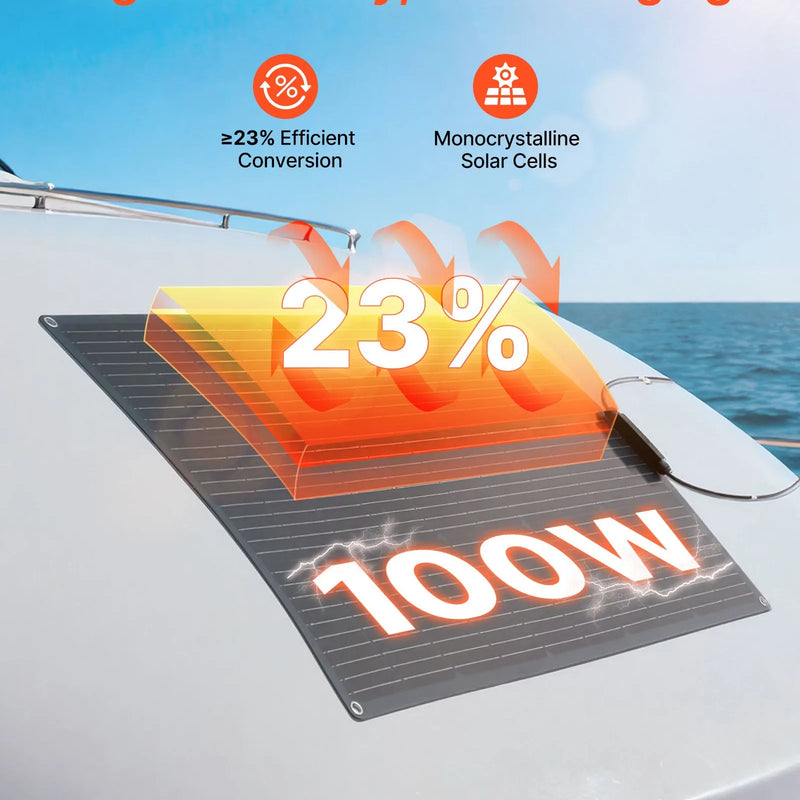 VEVOR elastīgs saules panelis 100 W, daļēji elastīgs lokāms monokristāliskais saules panelis ar 23 % efektivitāti, autonomais lādētājs ar MC4 savienojumu, IP67 ūdensizturīgs, paredzēts jūras transportam, kemperiem, automašīnām un izliektām virsmām