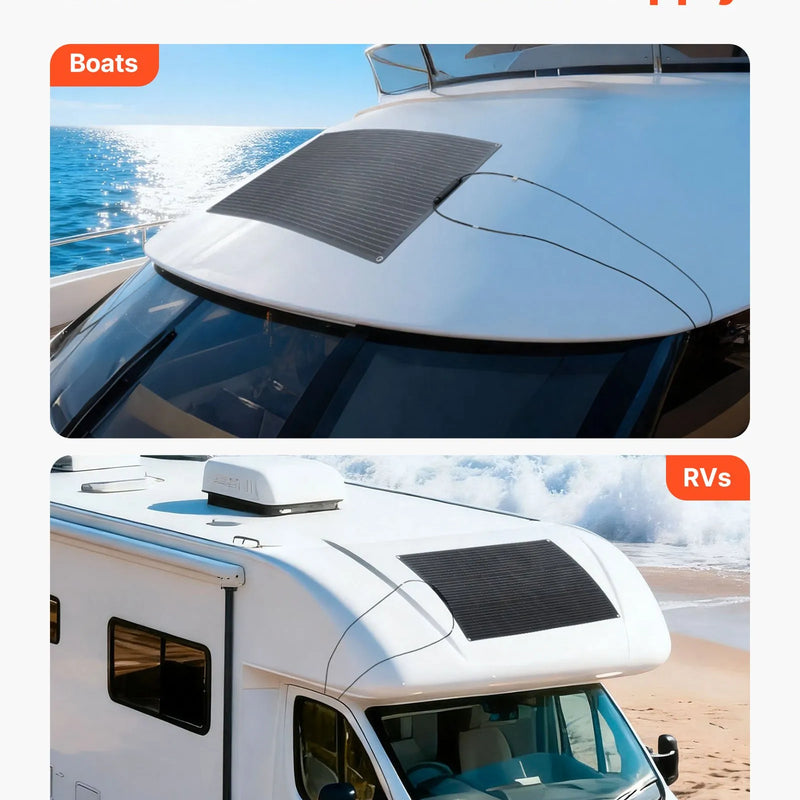 VEVOR elastīgs saules panelis 100 W, daļēji elastīgs lokāms monokristāliskais saules panelis ar 23 % efektivitāti, autonomais lādētājs ar MC4 savienojumu, IP67 ūdensizturīgs, paredzēts jūras transportam, kemperiem, automašīnām un izliektām virsmām