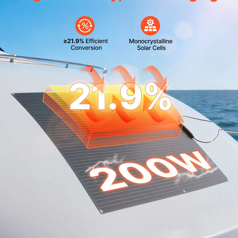 VEVOR elastīgs saules panelis, 200 W, daļēji elastīgs liekams monokristālisks saules panelis, 21,9 % efektivitāte, autonomai elektroapgādei ar MC4 izeju, IP67 ūdensizturīgs kuģiem, kemperiem, automašīnām un izliektām virsmām