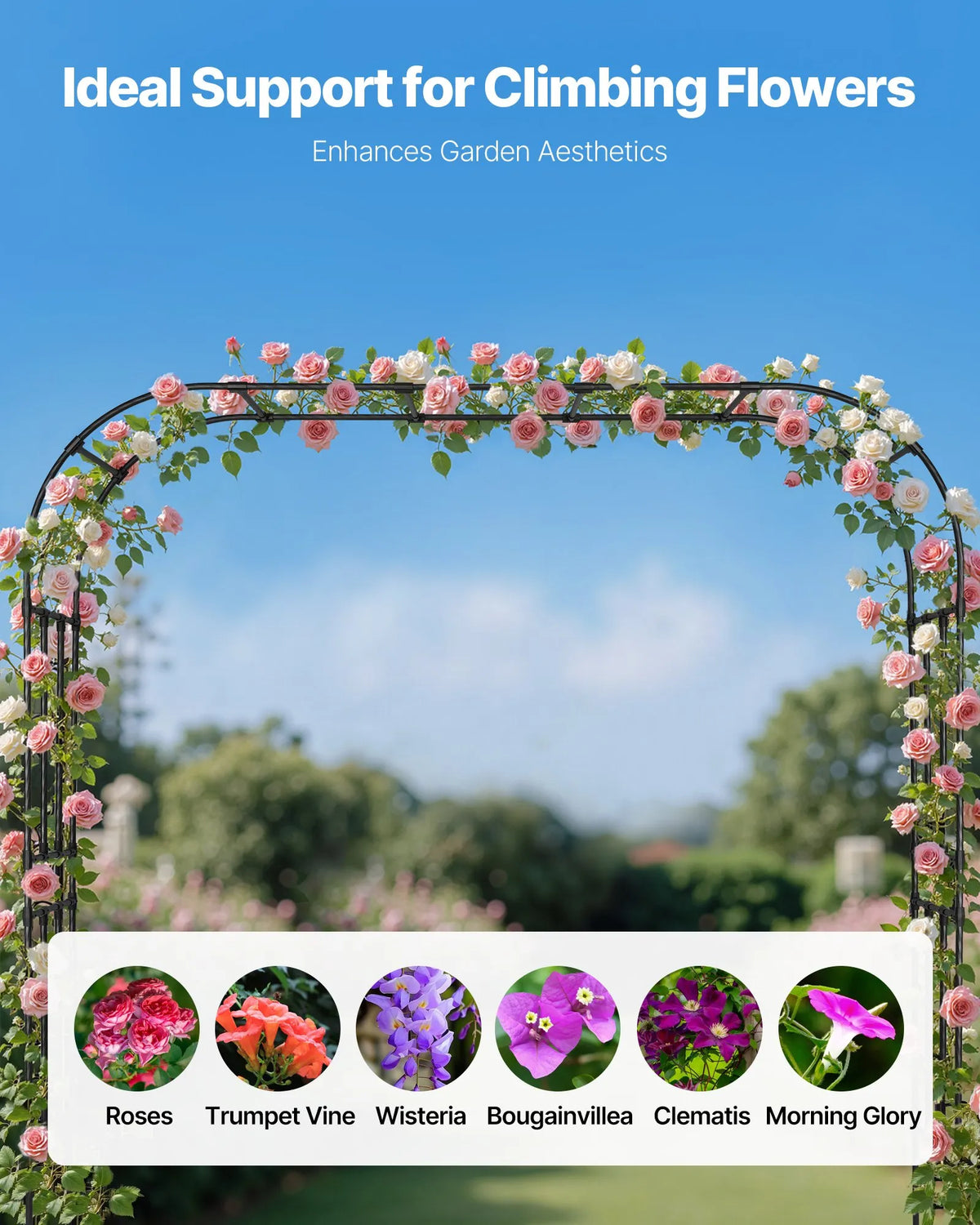 VEVOR dārza arka kāpjošiem augiem 240 × 250 × 40 cm, metāla pergolas arka ar zemes mietiem, izturīga dārza arka ar režģi augiem, viegli saliekama dekoratīva arka dārzam, pagalmam, kāzām un svinībām - ZEMLETES.LV