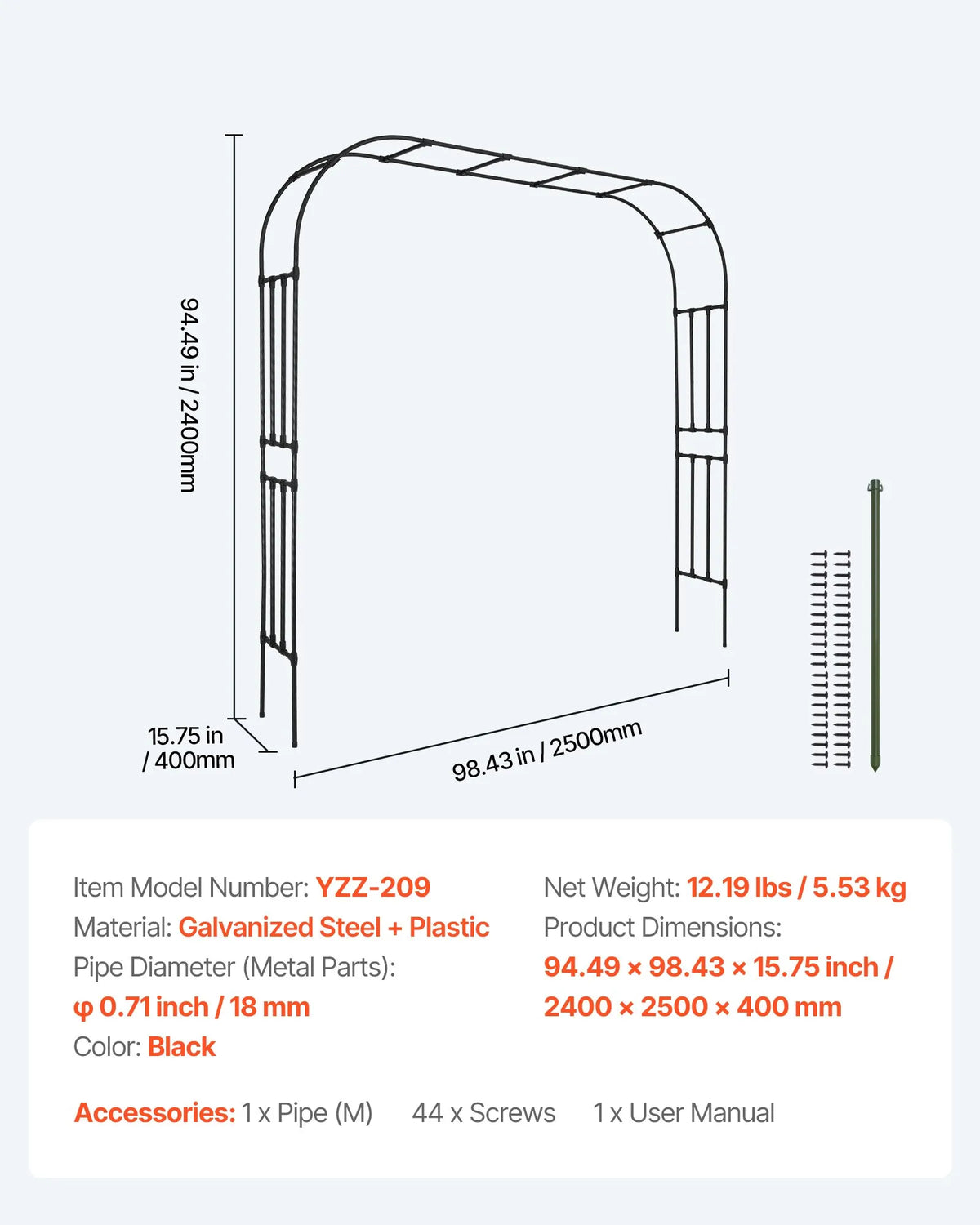VEVOR dārza arka kāpjošiem augiem 240 × 250 × 40 cm, metāla pergolas arka ar zemes mietiem, izturīga dārza arka ar režģi augiem, viegli saliekama dekoratīva arka dārzam, pagalmam, kāzām un svinībām - ZEMLETES.LV