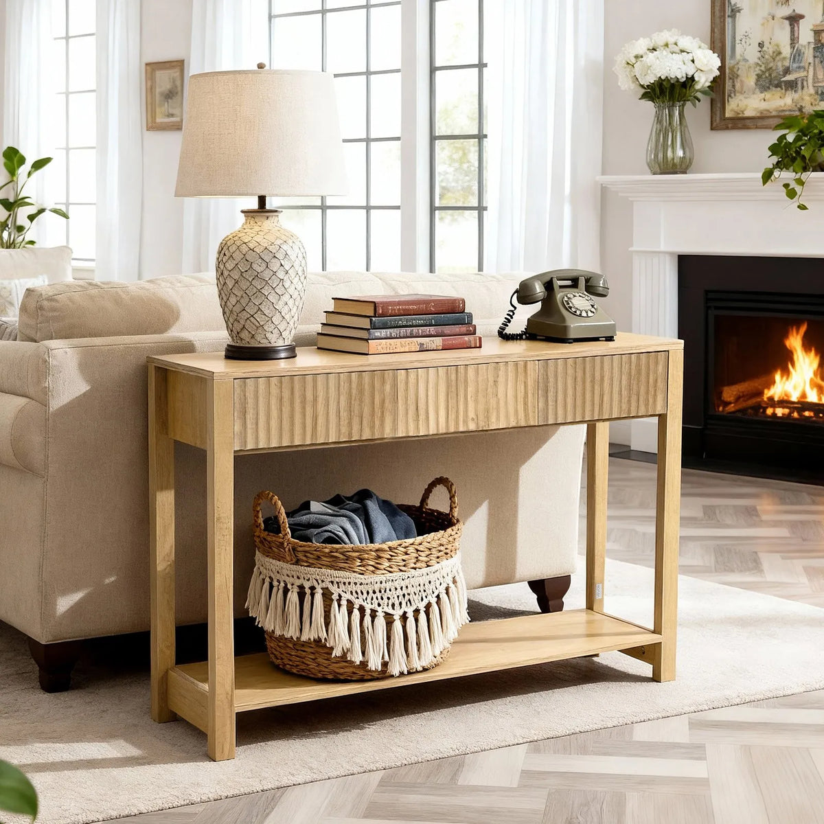 VEVOR konsoles galds ar 3 atvilktnēm un plauktu, 120x30x80cm, dabīga koka tonis