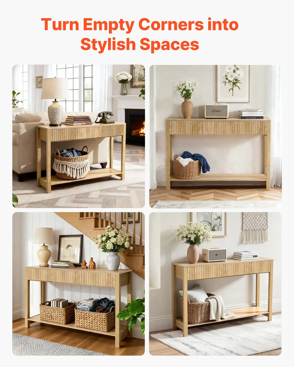 VEVOR konsoles galds ar 3 atvilktnēm un plauktu, 120x30x80cm, dabīga koka tonis
