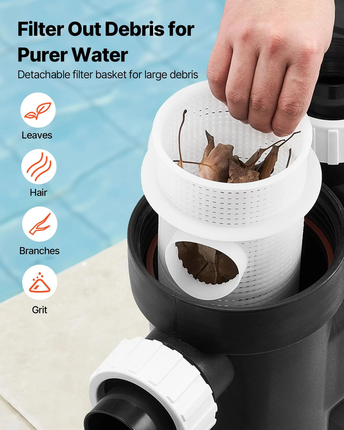 VEVOR baseina sūknis ar maināmu ātrumu, 1100 W, 220–240 V, plūsma 26 000 l/h, pašiesūcošs, ar filtra grozu un programmējamu taimeri, piemērots iebūvētiem un virszemes baseiniem - ZEMLETES.LV